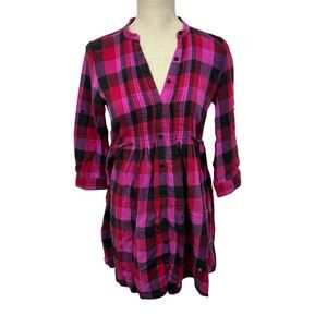 Victorias Secret PINK Flannel Tunic Shirt Plaid Long Sleeve Sz Small Pink Black